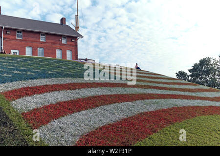 Un gigante di noi bandiera dipinta in erba sul pendio di una collina in Fairport Harbor, Ohio, USA offre poche persone in un punto panoramico per vedere il 2019 fuochi d'artificio. La collina è stata dipinta in onore degli Stati Uniti il 4 luglio di vacanza durante la quale Fairport porto sul Lago Erie ospita un evento in più giorni che culminano nella serata del 7 luglio con uno spettacolo di fuochi d'artificio. Foto Stock