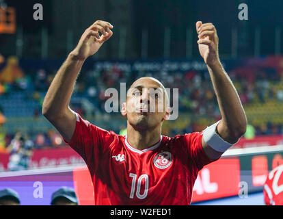 Ismailia, Egitto. 08 Luglio, 2019. La Francia luglio 8, 2019: Wahbi Khazri tunisina celebrando la vittoria durante il 2019 African Cup delle Nazioni match tra Ghana e Tunisia a Ismailia Stadium di Ismailia, Egitto. Ulrik Pedersen/CSM. Credito: Cal Sport Media/Alamy Live News Foto Stock