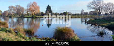 Christchurch, Nuova Zelanda - Luglio 08, 2019: quattro donne canottaggio ad Kerr raggiunge su un inverno mattina Panorama, Nuova Zelanda. Foto Stock