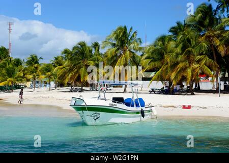 Barca sulla spiaggia, il villaggio di pescatori di mano Juan, Isla Saona Island, Parque Nacional del Este, Repubblica Dominicana Foto Stock