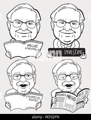 Character Set per disegno di Warren Buffett, l'investitore negli Stati Uniti. Illustrazione Vettoriale