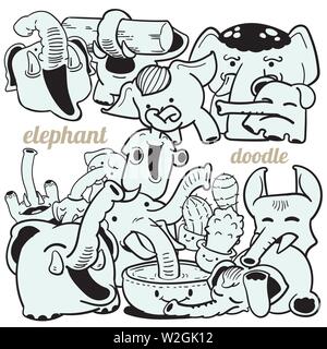 Immagini a fumetti di elefanti divertente con diverse azioni e di emozioni. In bianco e nero disegnato a mano doodle illustrazione per la colorazione, artwork e presen Illustrazione Vettoriale