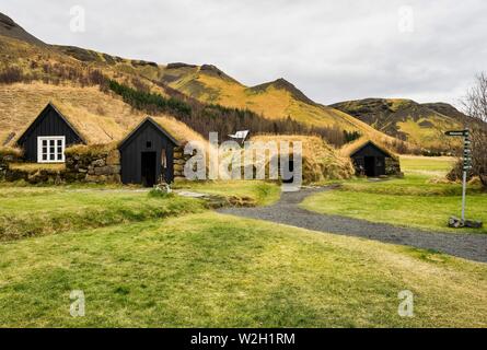 Vista tipica del tappeto erboso islandese-top case nel villaggio di Skogar, sud dell'Islanda, l'Europa. Foto Stock