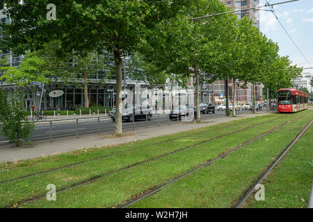 Frankfurt am Main, luglio 2019. Il tram nel centro della città Foto Stock