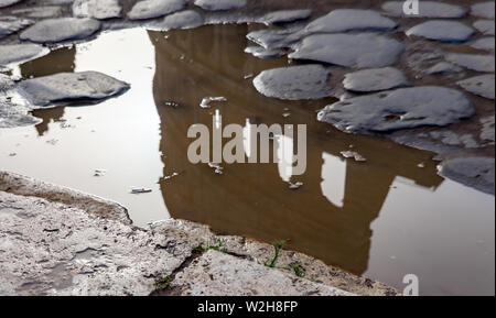 Colosseo riflesso in una pozza - Roma, Italia Foto Stock