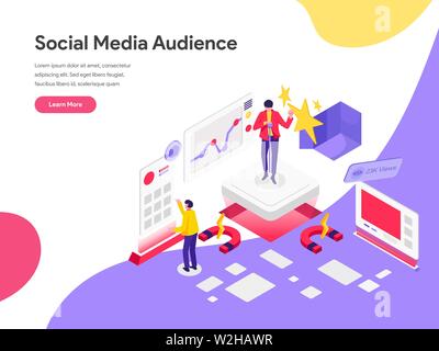 Landing page template di raggiungere i Social Media pubblico illustrazione del concetto. Piatto isometrica design concept di progettazione di pagine web per il sito web e mobile web Illustrazione Vettoriale