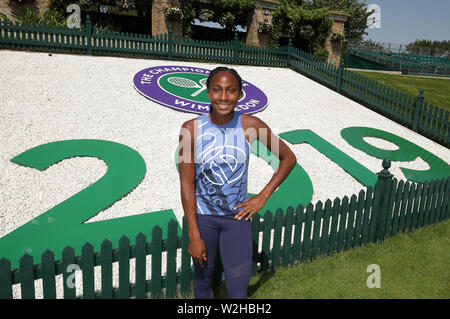 Cori "Coco' Gauff (USA), la più giovane donna mai a qualificarsi per il main draw a Wimbledon è raffigurato prima dell'inizio del 2019 campionati a campionati di Wimbledon tennis, Wimbledon, Londra il 29 giugno 2019 Foto Stock