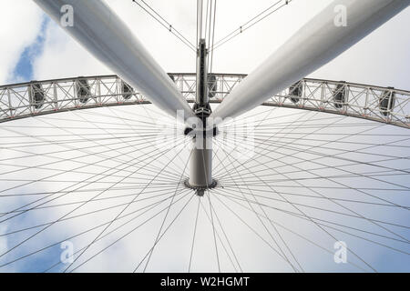 London, Regno Unito - 20 febbraio 2019. Basso angolo di visione dell'Occhio di Londra il 20 febbraio 2019. Il London Eye è una grande attrazione turistica per i visitatori di th Foto Stock