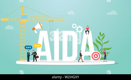Aida attenzione interesse desiderio azione imbuto di vendita marketing il concetto di business con il team di persone e la grande parola - illustrazione vettoriale Foto Stock