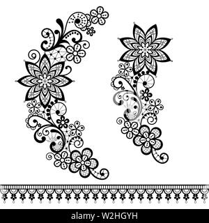 Retrò pizzo floreale mezza corona singolo vettore pattern impostato - monocromatico pizzo ornamentale design collection, retro openwork sfondo Illustrazione Vettoriale