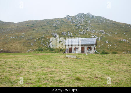 PRATO NEVOSO, Italia - 14 agosto 2016: capanna di pastore e di erba verde prato in una nebbiosa giornata estiva in Prato Nevoso, Italia. Foto Stock