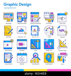 Graphic Design Icon Set. Linea e schermo piatto a colori e stile. EPS vettoriali 10 Illustrazione Vettoriale