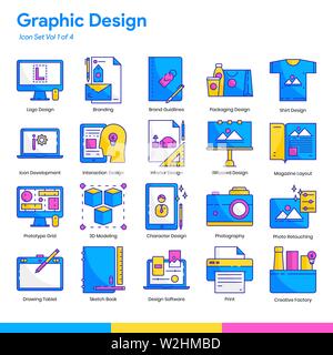 Graphic Design Icon Set. Linea e schermo piatto a colori e stile. EPS vettoriali 10 Illustrazione Vettoriale