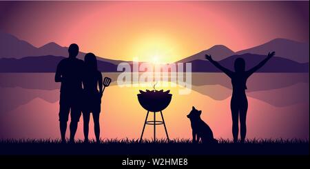 Barbecue con gli amici sul lago con vista montagna paesaggio viola al tramonto illustrazione vettoriale EPS10 Illustrazione Vettoriale