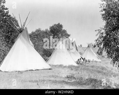 Edward S. Curtis nativi indiani americani - Assiniboine Indian Camp ca. 1908 Foto Stock