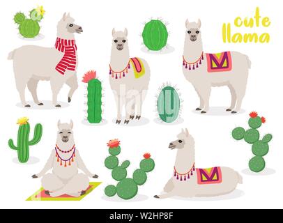 Set di carino llama in diverse pose, deserto con cactus Illustrazione Vettoriale