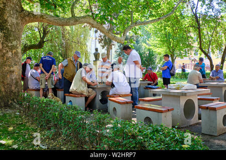Gruppo di alti uomini in un parco a guardare una partita a scacchi. Sibiu, Romania, Luglio 2019 Foto Stock