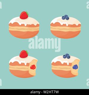 Set di profondo fritto carino yummy ciambelle (ciambelle) senza fori con fragole, mirtilli e ciliegina sulla parte superiore, mancanti di morsi e bacche di riempimento Illustrazione Vettoriale