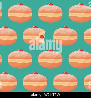 Modello senza cuciture con ciambelle sufganiyah (ciambelle) con zucchero a velo topping, una ciambella con morso mancante e marmellata di riempimento. Israele la pasticceria. Illustrazione Vettoriale