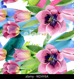 Rosa tulipani botanici floreale fiore. Wild molla a balestra di fiori selvaggi. Illustrazione ad acquerello set. Disegno ad acquerello fashion aquarelle. Backgro senza giunture Foto Stock