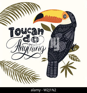 Vettore di Seamless pattern con Tropical Bright Toucan Bird. Illustrazione della musica folk in stile scandinavo. Estate Scheda tropico. Foto Stock