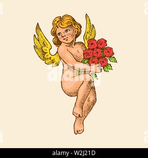 Carino angeli con frecce e arco. Piccoli Amorini estetico con ali volare con cuori e fiori nel cielo. Set di bambini in incisa in bianco e nero Illustrazione Vettoriale