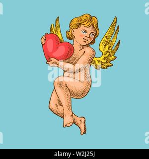 Carino angeli con frecce e arco. Piccoli Amorini estetico con ali volare con cuori e fiori nel cielo. Set di bambini in incisa in bianco e nero Illustrazione Vettoriale