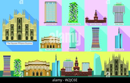Milano set di icone. Set piatto di Milano icone vettoriali per il web design Illustrazione Vettoriale