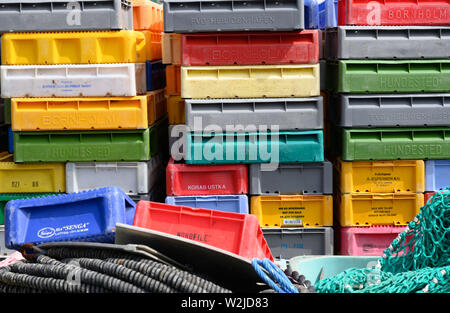 Kappeln, Germania. 02Luglio, 2019. Varie scatole di pesce sono impilati nel porto di pesca in Kappeln an der Schlei. Credito: Ralf Hirschberger/dpa-Zentralbild/ZB/dpa/Alamy Live News Foto Stock