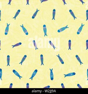 Disegnato a mano i pesci multicolore in arte popolare stile design. Vettore di Seamless pattern su giallo sole textured background. Ottimo per la spiaggia, il cibo, cucina, cafe Illustrazione Vettoriale