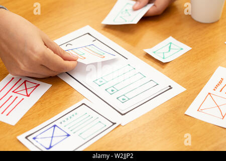 UX Graphic designer disegno creativo e pianificazione wireframe prototipo per il web mobile phone. Lo sviluppo di applicazioni utente e concetto di esperienza Foto Stock