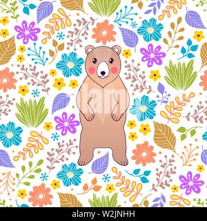 Modello senza cuciture con orso e fiori su sfondo bianco Illustrazione Vettoriale