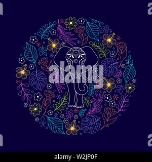 Elefante colorato e fiori tropicali su sfondo scuro Illustrazione Vettoriale