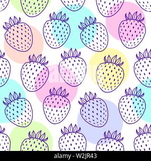 Modello senza soluzione di continuità con le fragole su sfondo bianco. Frutti la texture.it può essere perfetto per tessuto, il confezionamento, l'imballaggio, carta digitale e più. Illustrazione Vettoriale