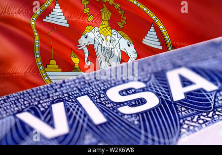 Visto il testo sul Laos visa timbro sul passaporto, rendering 3D. passaporto viaggi all estero concetto. Viaggio in Laos concetto - messa a fuoco selettiva. Immigrazione e e Foto Stock