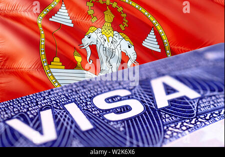 Laos Visa documento, con il Laos bandiera in background, rendering 3D. Laos bandiera con vicino il testo su VISA USA Visa timbro sul passaporto.Visa timbro apposto sul passaporto tr Foto Stock