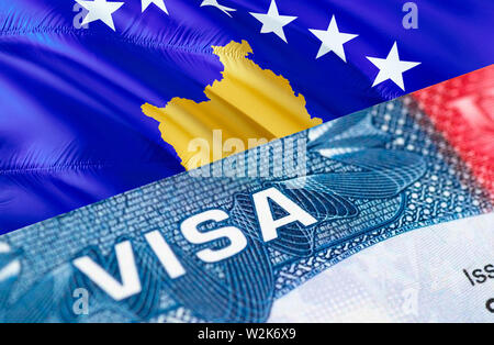 Il Kosovo Visa nel passaporto, rendering 3D. Closeup visto per il Kosovo concentrandosi sulla parola VISA. Viaggiare il Kosovo visa nel passaporto di close-up. Il Kosovo multi Foto Stock