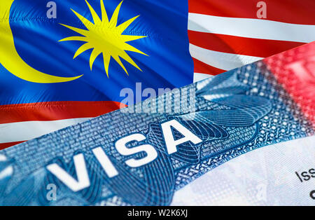 Malaysia Visa documento, con la Malesia bandiera in background, rendering 3D. Bandiera della Malesia con vicino il testo su VISA USA Visa timbro sul passaporto.Visa passp Foto Stock