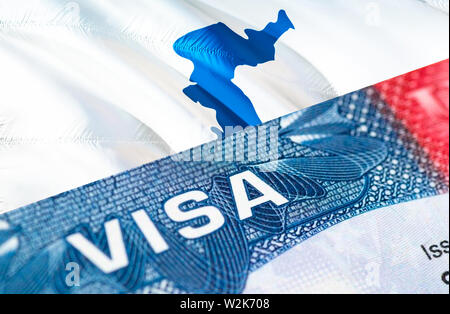 La riunificazione della corea Visa documento, con Unified Bandiera della Corea in background, rendering 3D. Unified Bandiera della Corea con vicino il testo su VISA USA Visa timbro Foto Stock