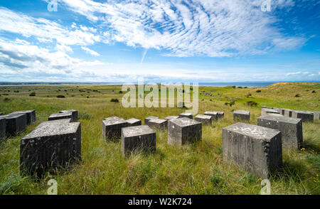 Vista della Seconda Guerra Mondiale era anti-blocchi del serbatoio a Gullane Sands in East Lothian, Scozia, Regno Unito Foto Stock