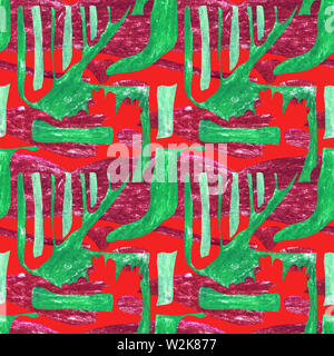 Seamless pattern astratti. Il verde delle forme geometriche su uno sfondo di colore rosso con macchie di borgogna. Ritmico contrastanti ornamento con elementi appuntiti. Foto Stock