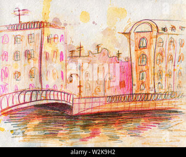 Acquerello cityscape. Un rapido schizzo. Line art. Matite di colore. San Pietroburgo, Russia. Griboyedov Canal. Il concetto di autunno e primavera. Per un alb Foto Stock