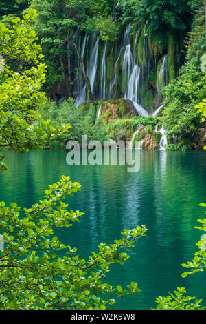 Crystal Clear, acqua pura e correre verso il basso le rocce di muschio in un bellissimo colore azzurro lago presso il Parco Nazionale dei Laghi di Plitvice, Plitvička Jezera, Croazia Foto Stock