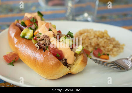 Hot Dog e carne di maiale tirato su un panino condito con insalata israeliana e la medicazione con cuscus sul lato Foto Stock