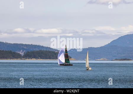 Barche a vela approfittando di una bella giornata nelle acque di San Juan Islands nello stato di Washington. Foto Stock