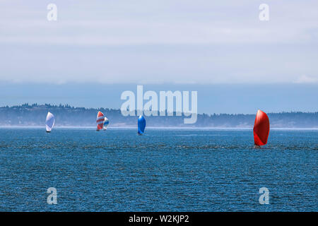 Barche a vela approfittando di una bella giornata nelle acque di San Juan Islands nello stato di Washington. Foto Stock