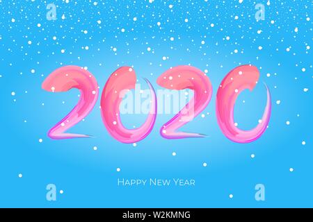 Felice anno nuovo 2020 di olio di spazzhstroke disegnato a mano colorato o acrilico vernice scritta calligrafia elemento di disegno con neve. Illustrazione vettoriale su sfondo blu Illustrazione Vettoriale