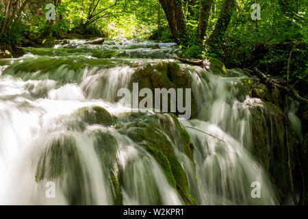 Impetuose cascate di acqua verso il basso la ricoperta di barriere naturali nel profondo della foresta densa del Parco Nazionale dei Laghi di Plitvice, Croazia Foto Stock