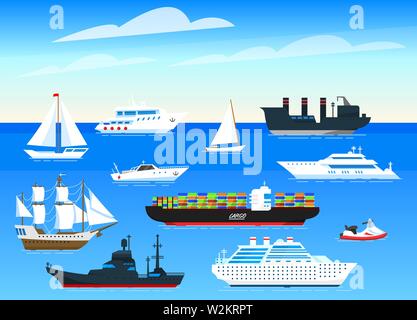 Le navi del mare sullo sfondo. Set di barche a vela e barche di carico sulla vela blu dell'acqua. I marinai di trasporto per viaggi nel mondo. Estate un poster o un banner per il web Illustrazione Vettoriale