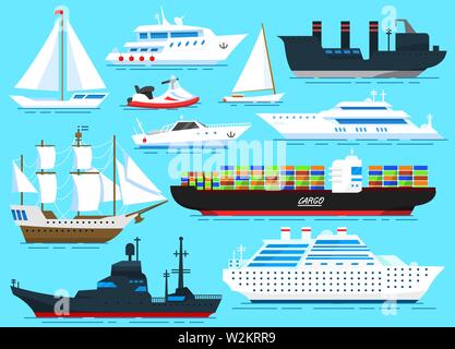 Set di velieri, mare di navi e di cargo barche a vela sul blu dell'acqua. I marinai di trasporto per viaggi nel mondo. Illustrazione Vettoriale in stile cartoon per l'estate Illustrazione Vettoriale